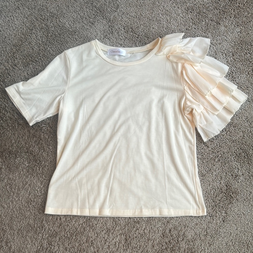 Cream Ruffled Short Sleeve T-Shirt